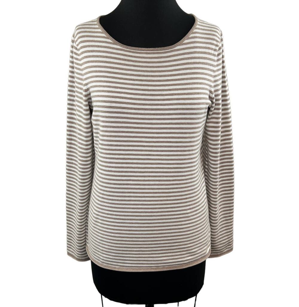 Minnie Rose Beige White Stripe Cotton Blend Long Sleeve Pullover Top Relaxed L